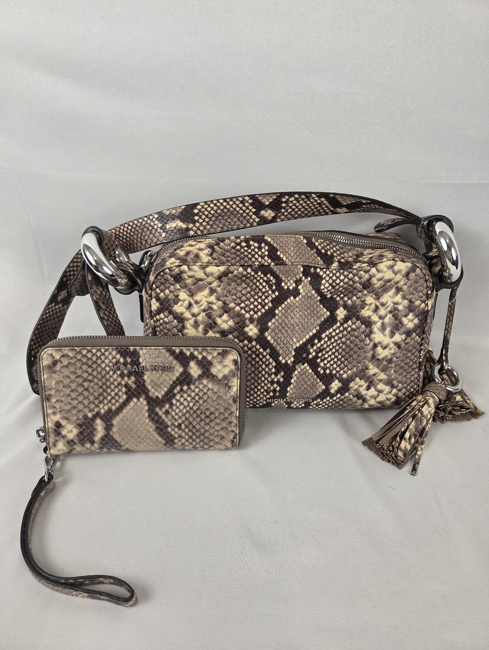 Michael Kors Snake-Print Crossbody Bag and Wristlet Wallet in Brown and Cream